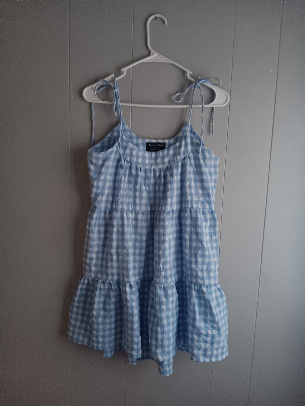 MINKPINK Light Blue Gingham Tie-Shoulder Dress Size XS